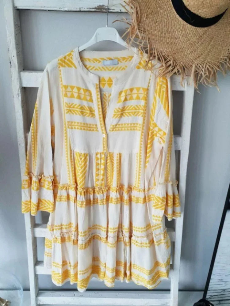 Lucienne | Geometric Print V-Neck Swing Dress