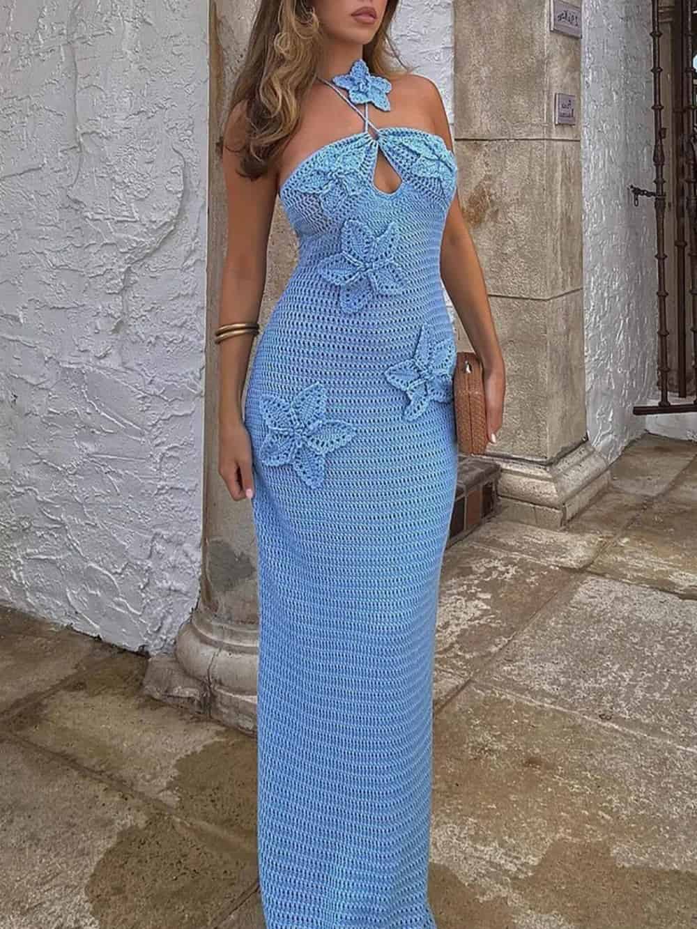 Vanessa | 3D Flower Decor Halter Neck Bodycon Crochet Maxi Dress