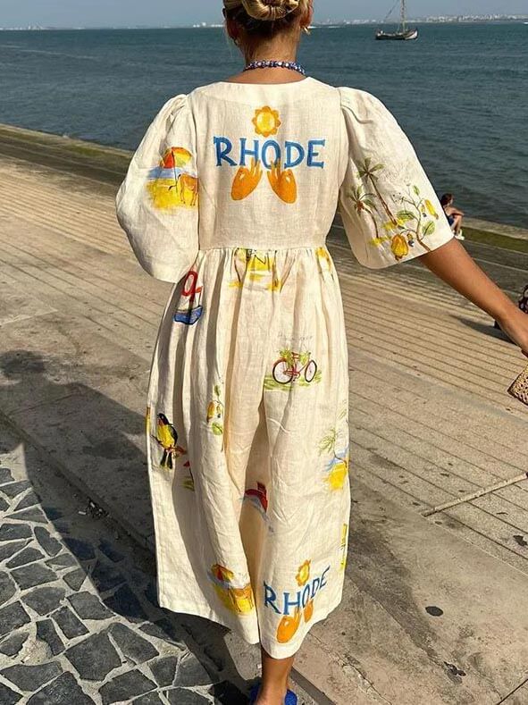 Laura | Folk Floral Print Unique Holiday Puff Sleeve Midi Dress