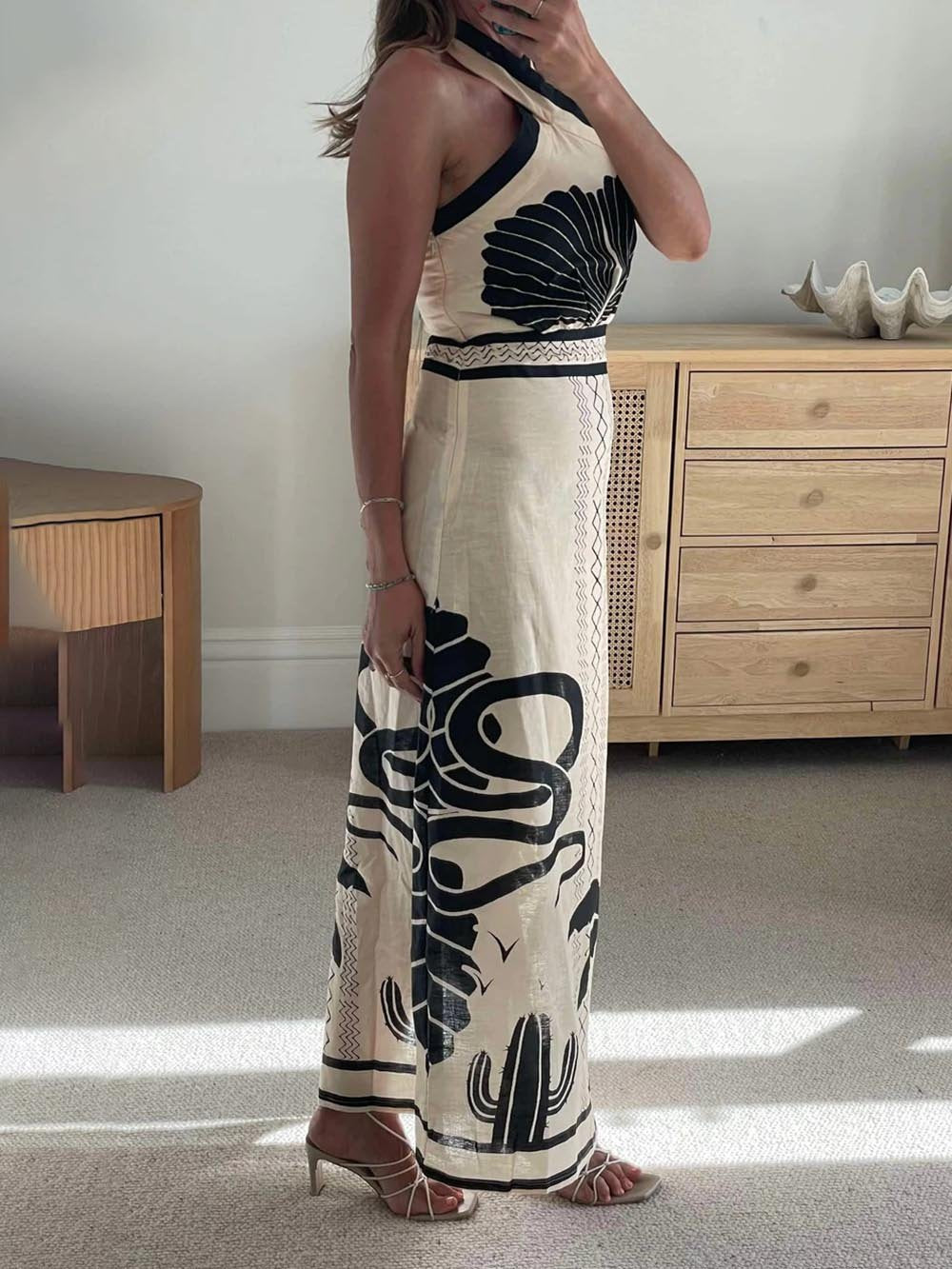 Daniela | Elegant and Sexy Ethnic Print Slim-Fit Halter Neck Maxi Dress