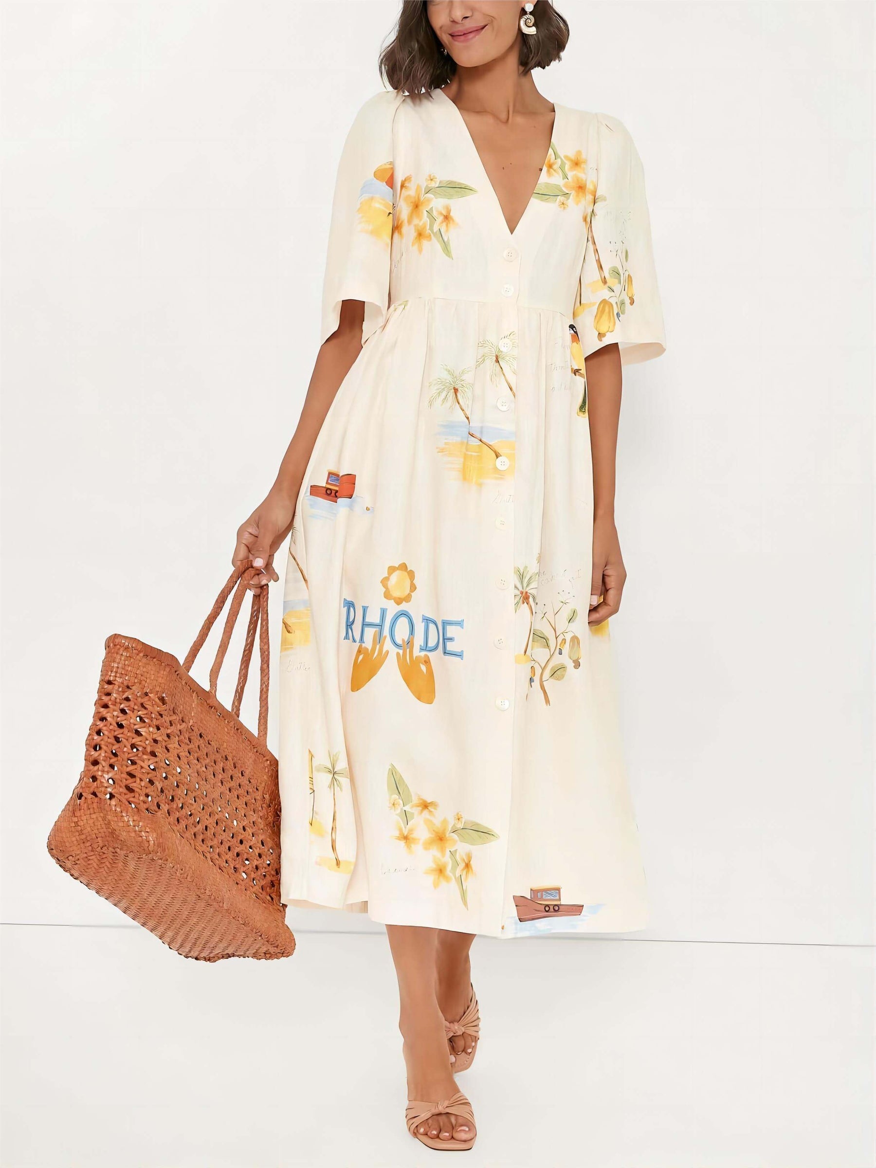 Laura | Folk Floral Print Unique Holiday Puff Sleeve Midi Dress