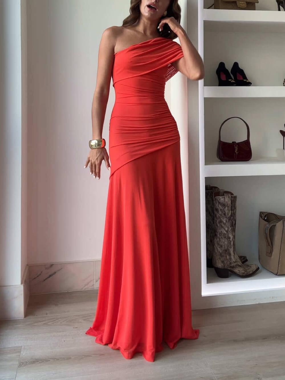 Annabelle | Elegance Effortless Mesh Off-Shoulder Ruched Stretch Maxi Dress