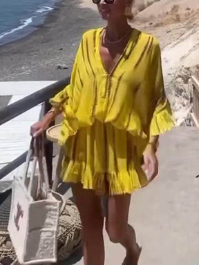 Emely | Unique Tie Dye Ruffle Batwing Sleeve Elastic Waist Kaftan Mini Dress