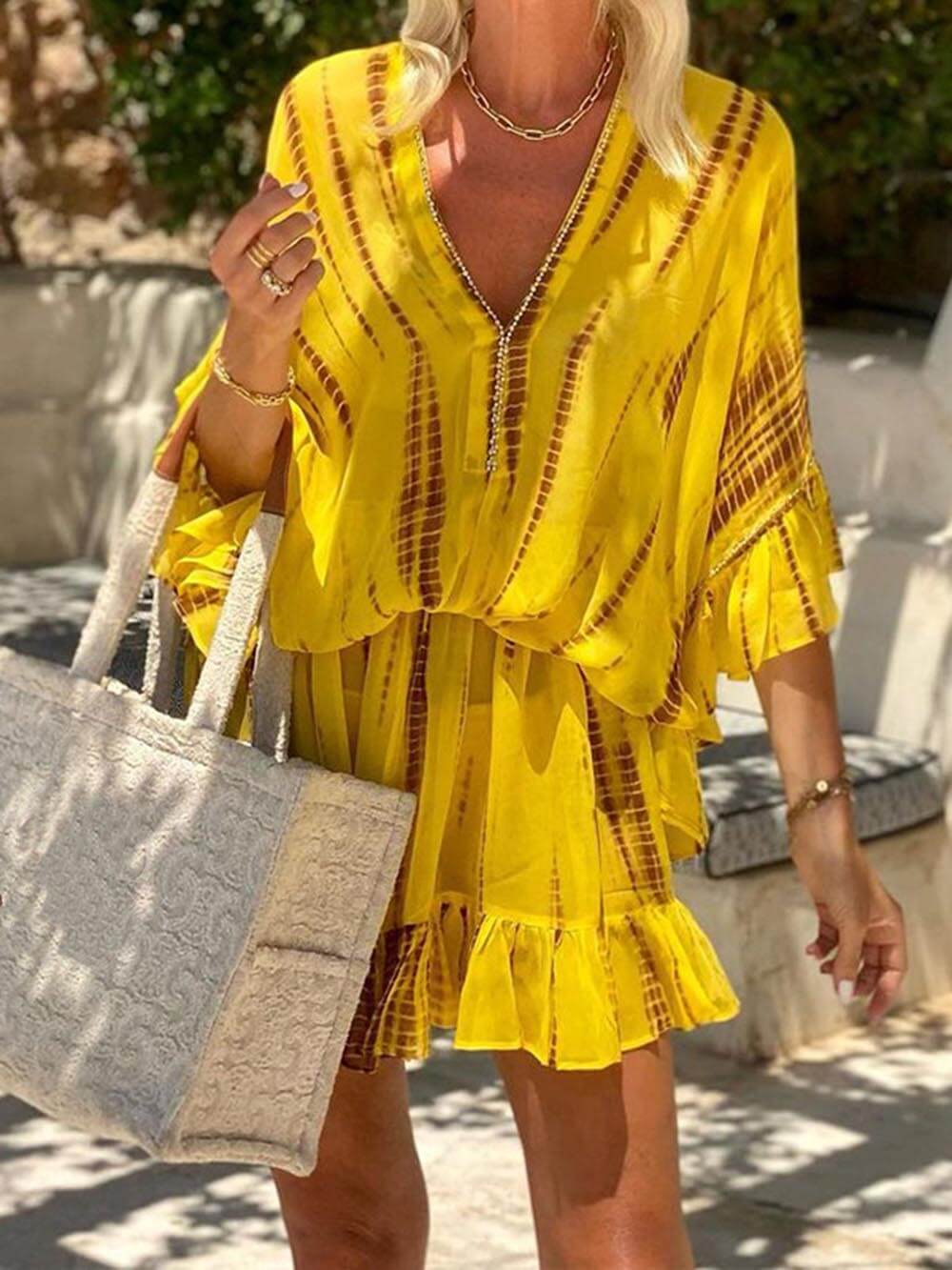 Emely | Unique Tie Dye Ruffle Batwing Sleeve Elastic Waist Kaftan Mini Dress