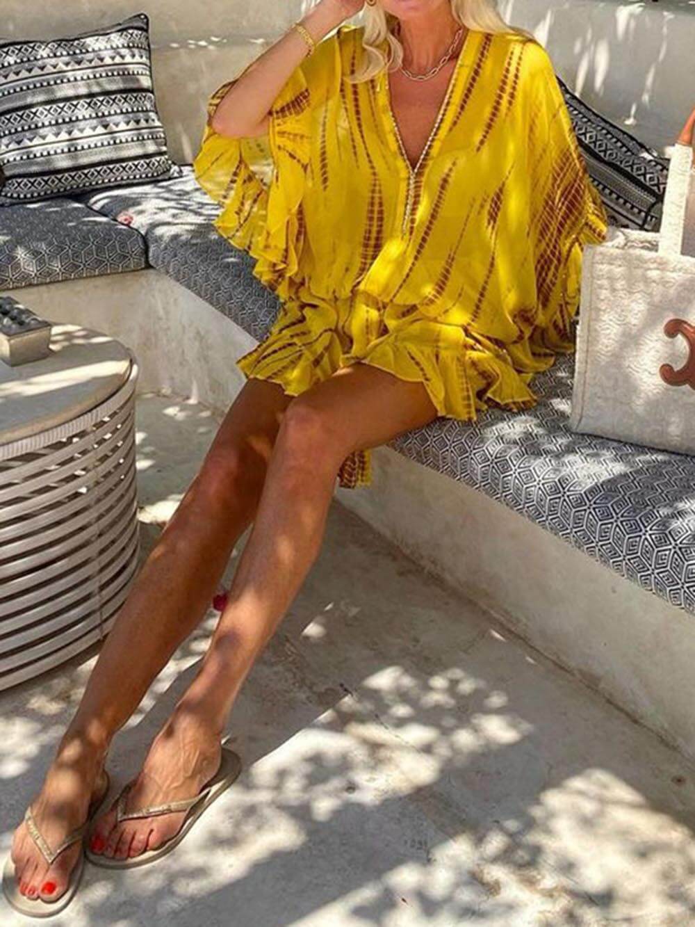 Emely | Unique Tie Dye Ruffle Batwing Sleeve Elastic Waist Kaftan Mini Dress