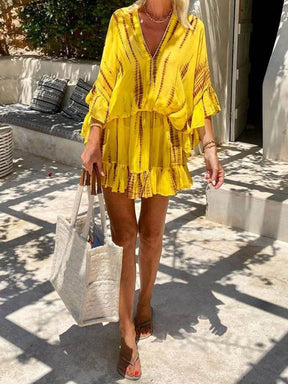 Emely | Unique Tie Dye Ruffle Batwing Sleeve Elastic Waist Kaftan Mini Dress