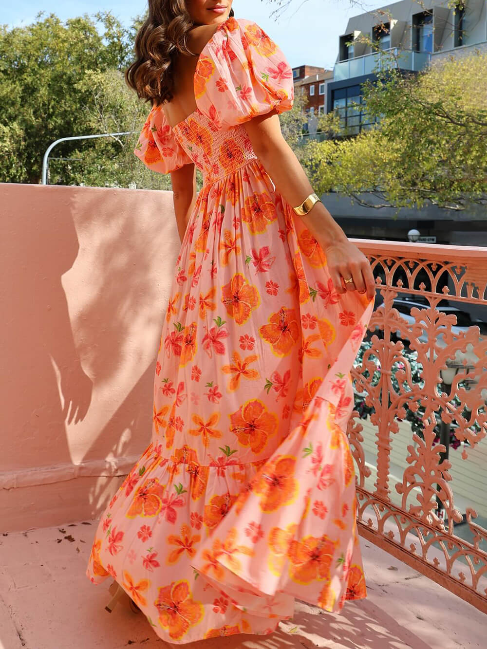Kayla | Puff Sleeve Floral Print Back Smocked Pocket Maxi Dress