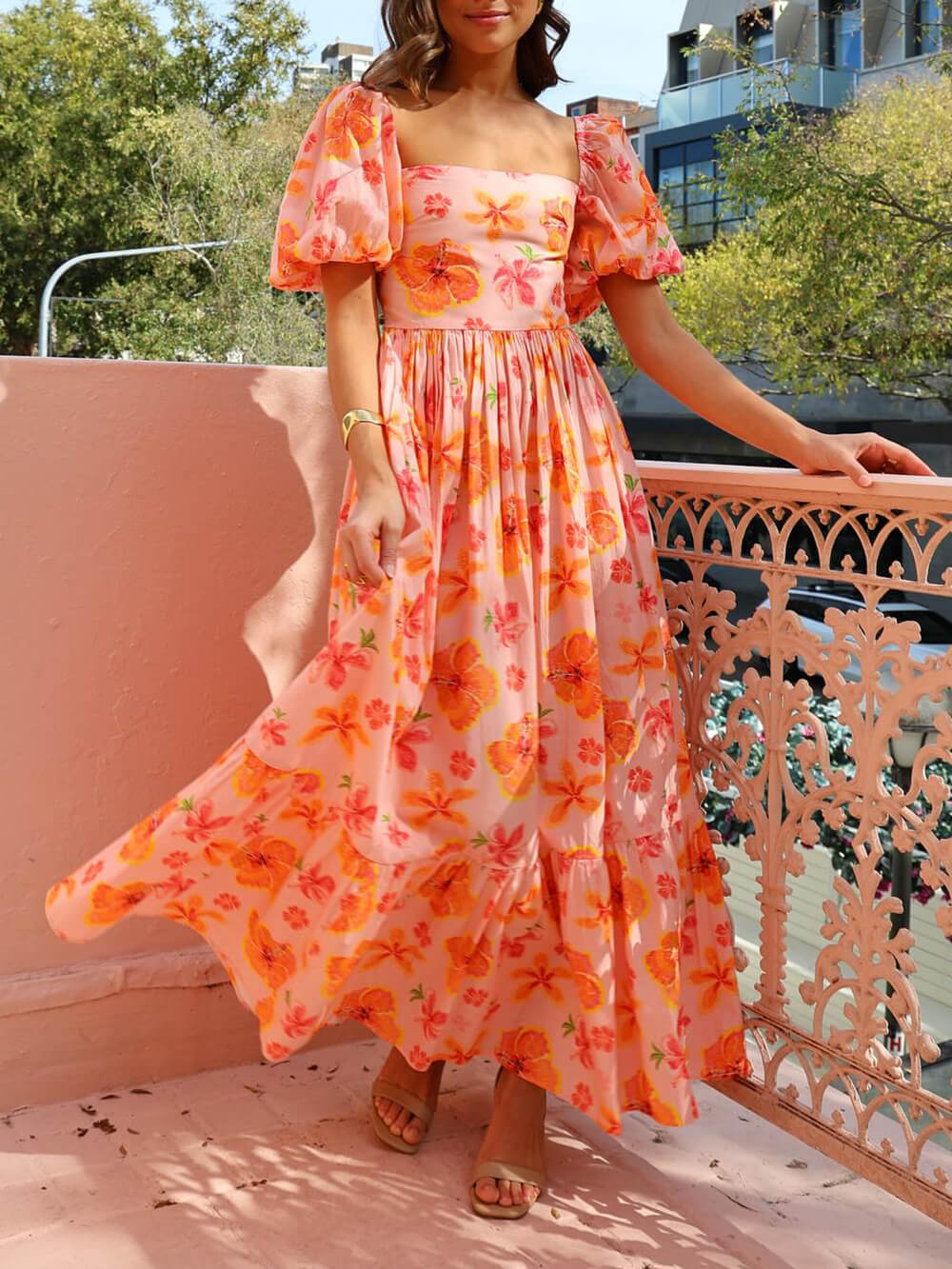 Kayla | Puff Sleeve Floral Print Back Smocked Pocket Maxi Dress