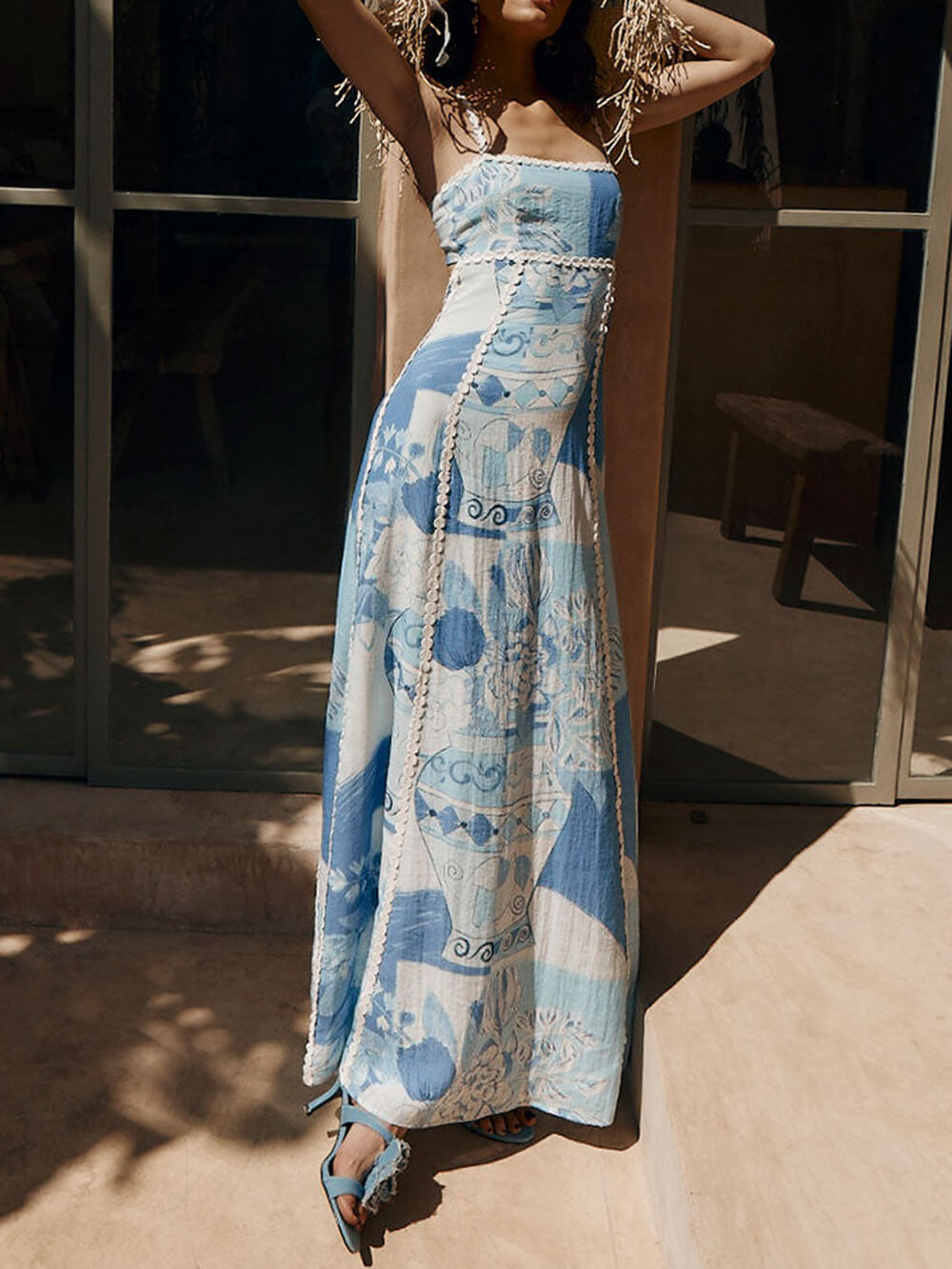 Rebecca | Halter Straps Lace Patchwork Printed Back Tie Flare Maxi Dress