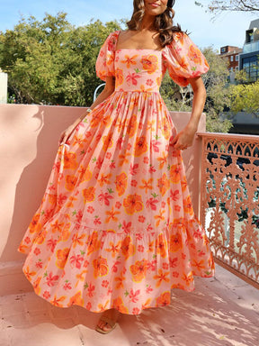 Kayla | Puff Sleeve Floral Print Back Smocked Pocket Maxi Dress