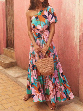 Athena | Off-Shoulder Palm Leaf Print Holiday Style Floral Dress