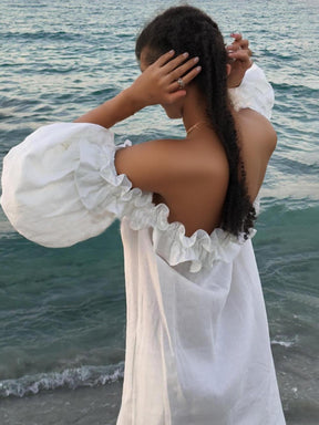 Haisley | Ruffle Off Shoulder Puff Sleeve Pocketed Midi Dress