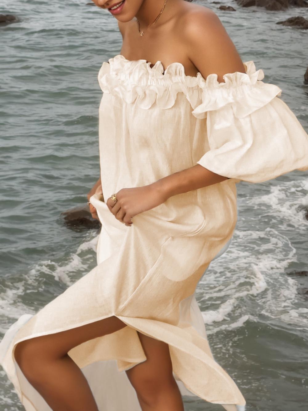 Haisley | Ruffle Off Shoulder Puff Sleeve Pocketed Midi Dress