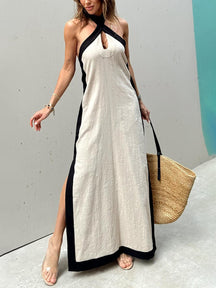 Julianna | Halter Neck Slit Color Block Maxi Dress