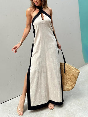 Julianna | Halter Neck Slit Color Block Maxi Dress