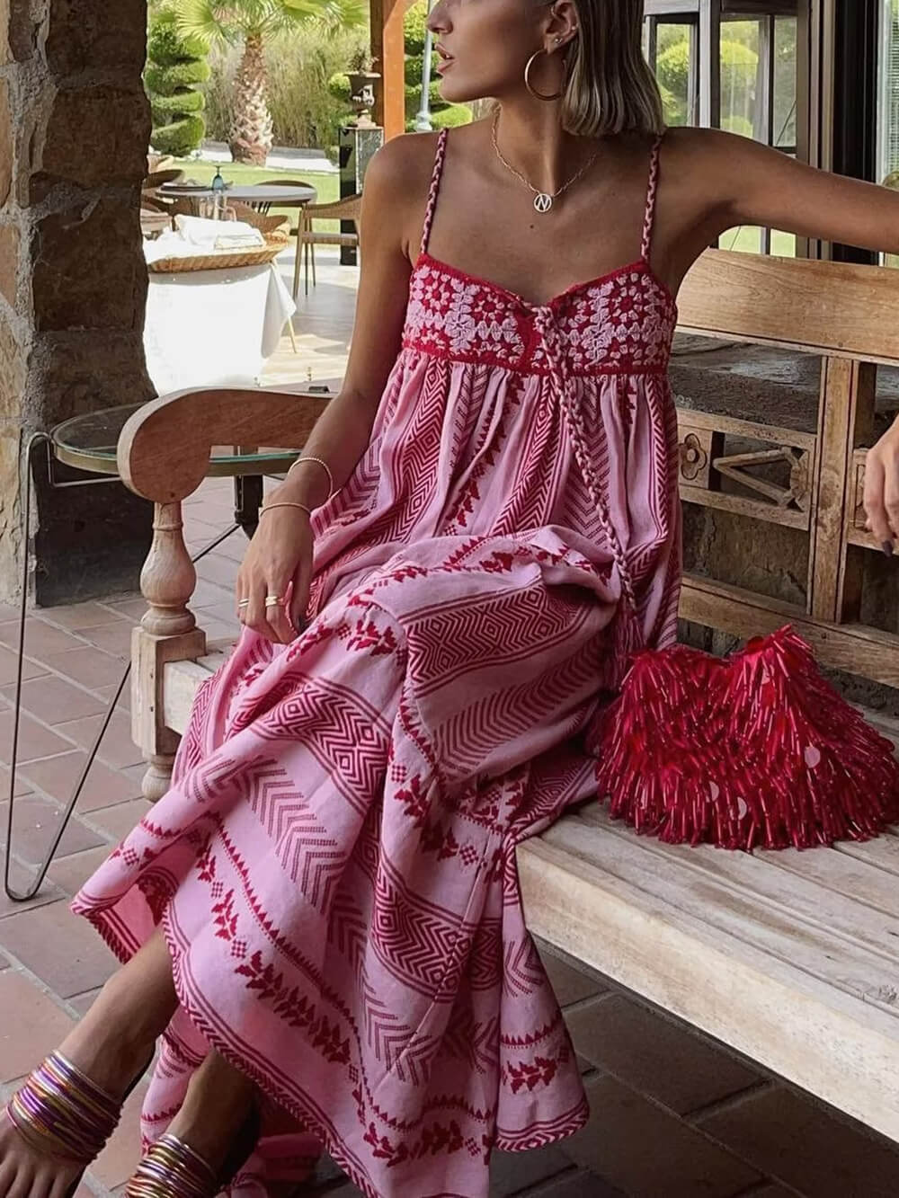 Callie | Crochet Patchwork Ethnic Style Knitted Slip Maxi Dress