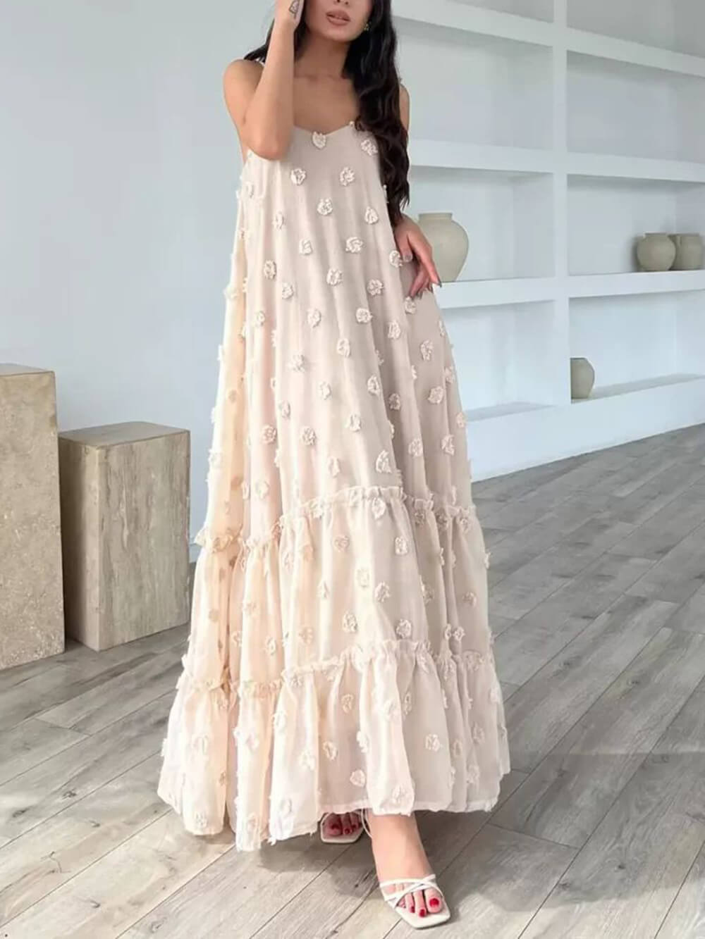 Angelina | Flower Decor Pretty A-Line Layered Loose Maxi Dress