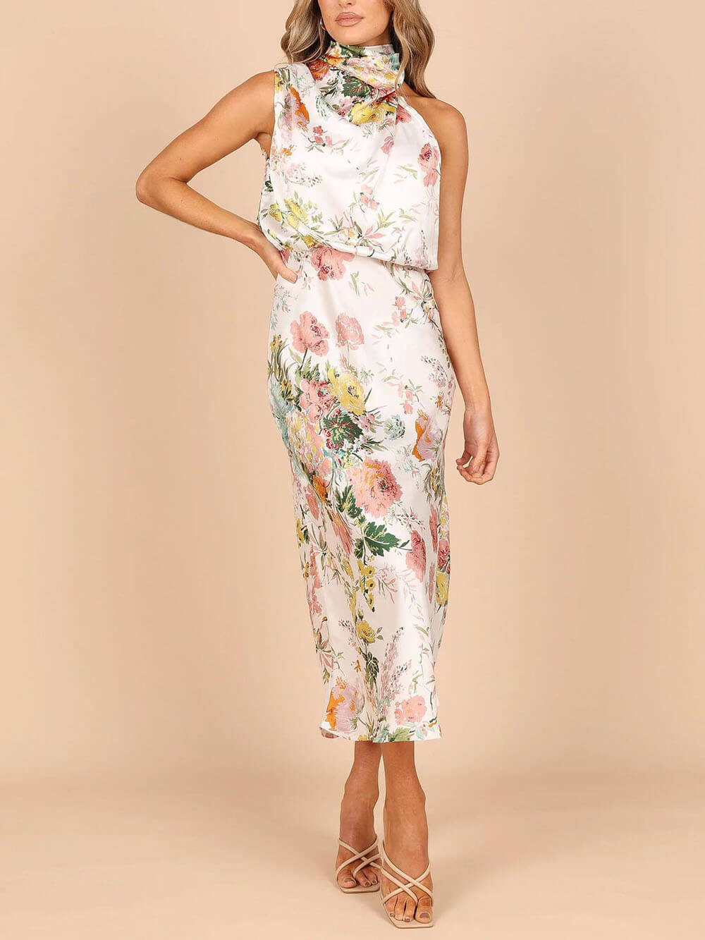 Natalia | Halter Neck Floral Elastic Waist Maxi Dress