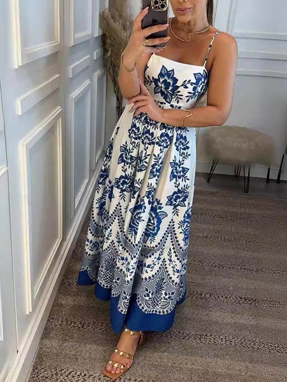 Valerie | Ethnic Floral Print Back Smocked Loose Midi Dress