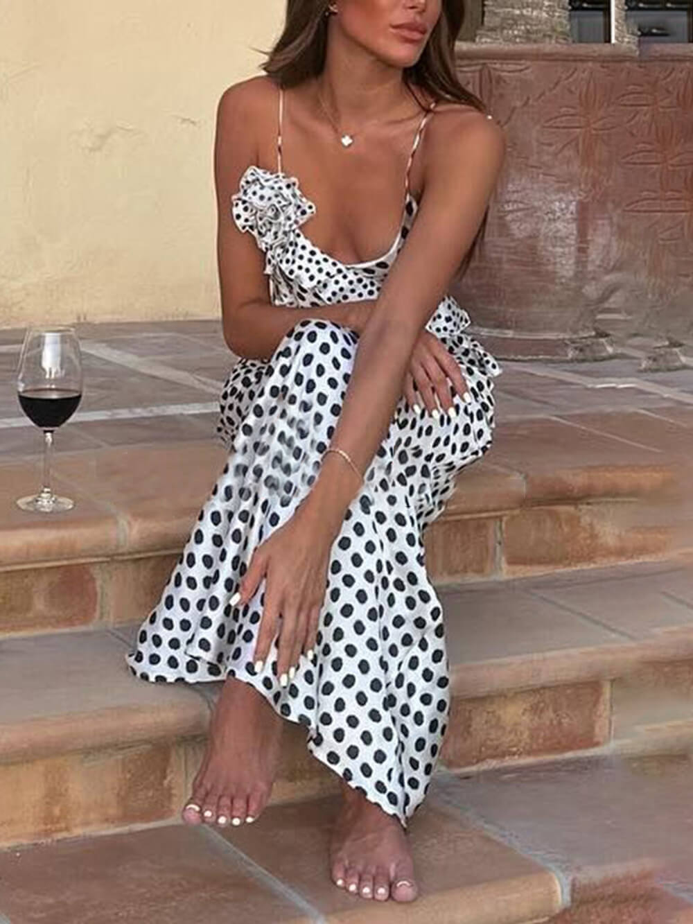 Daisy | Polka Dot Print Fantasy Guipure Ruffled Suspender Maxi Dress