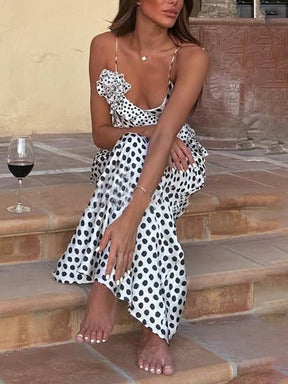 Daisy | Polka Dot Print Fantasy Guipure Ruffled Suspender Maxi Dress