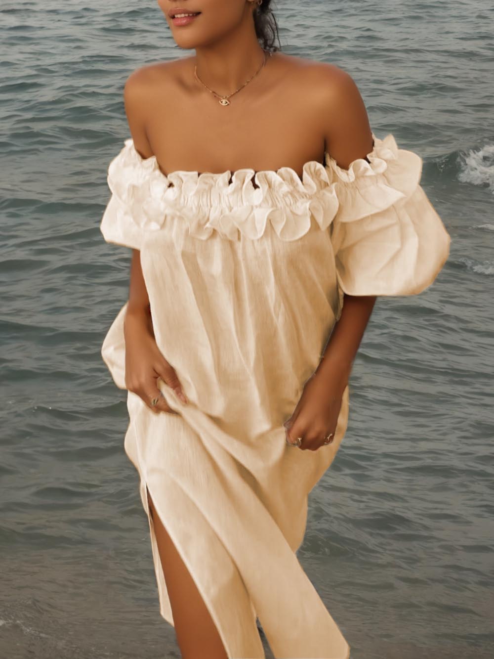 Haisley | Ruffle Off Shoulder Puff Sleeve Pocketed Midi Dress