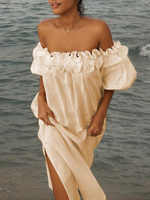 Haisley | Ruffle Off Shoulder Puff Sleeve Pocketed Midi Dress