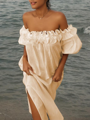 Haisley | Ruffle Off Shoulder Puff Sleeve Pocketed Midi Dress