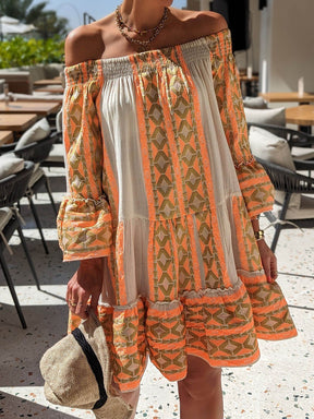 Carmen | Ethnic Print Linen Blend Off Shoulder Loose Mini Dress