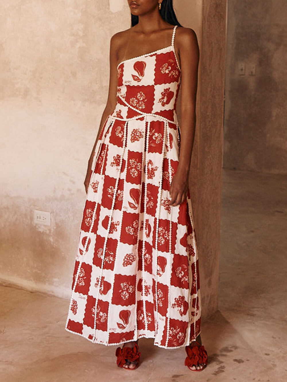 Claire | Unique Printed Floral Trim One Shoulder Flared Maxi Dress
