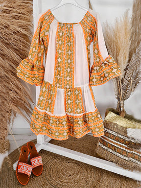 Carmen | Ethnic Print Linen Blend Off Shoulder Loose Mini Dress