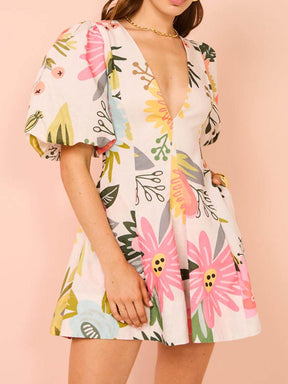 Freya | Puff Sleeve Floral Print Pocketed Mini Dress