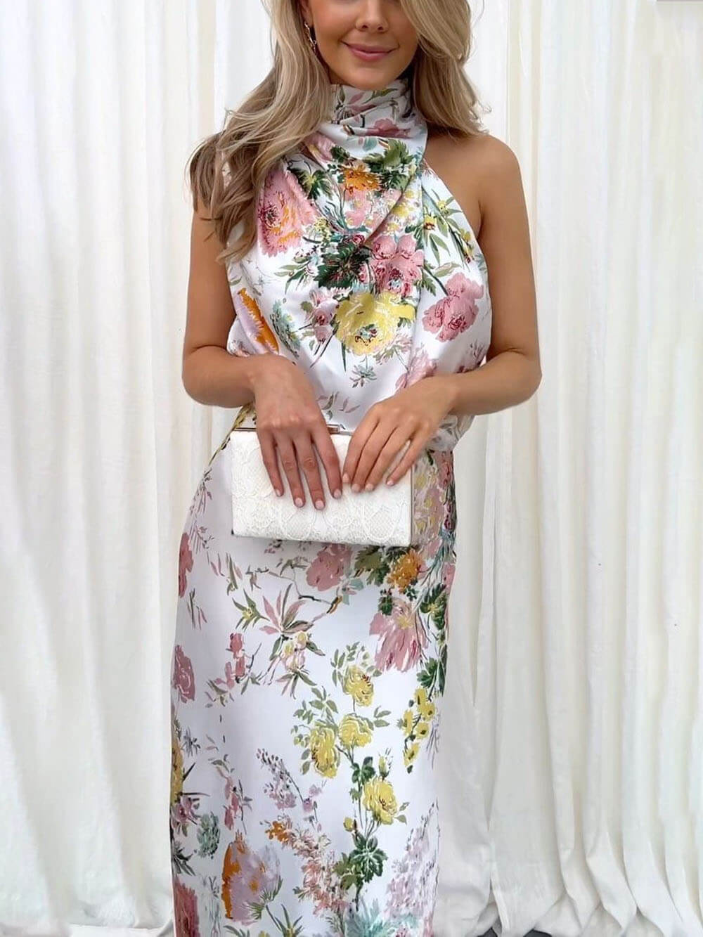 Natalia | Halter Neck Floral Elastic Waist Maxi Dress