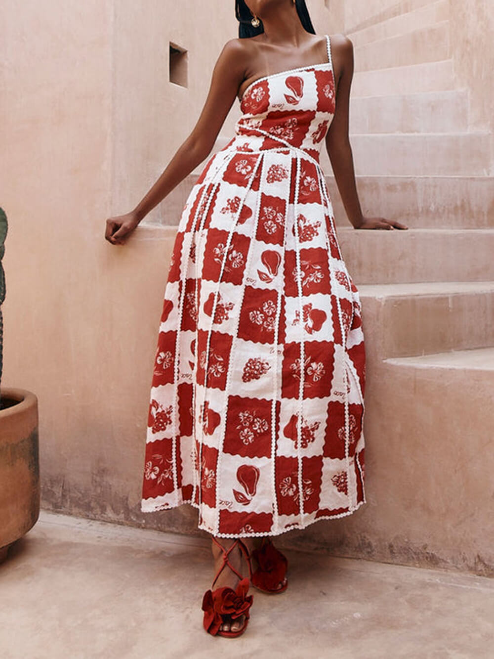 Claire | Unique Printed Floral Trim One Shoulder Flared Maxi Dress
