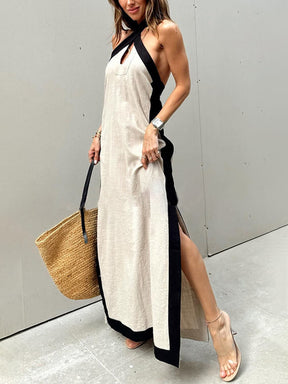 Julianna | Halter Neck Slit Color Block Maxi Dress