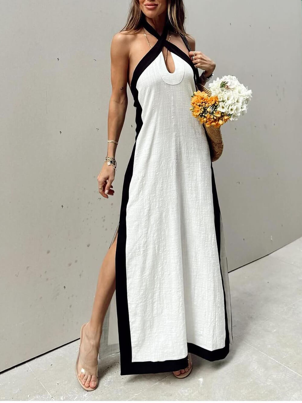 Julianna | Halter Neck Slit Color Block Maxi Dress