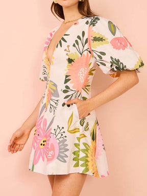 Freya | Puff Sleeve Floral Print Pocketed Mini Dress