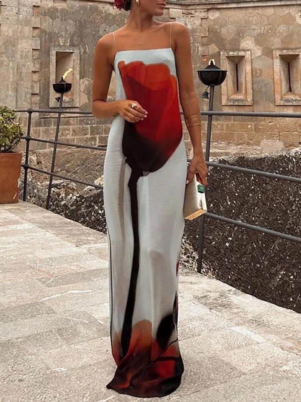 Alessia | Abstract Tulip Print Vacation Slip H-Line Maxi Dress