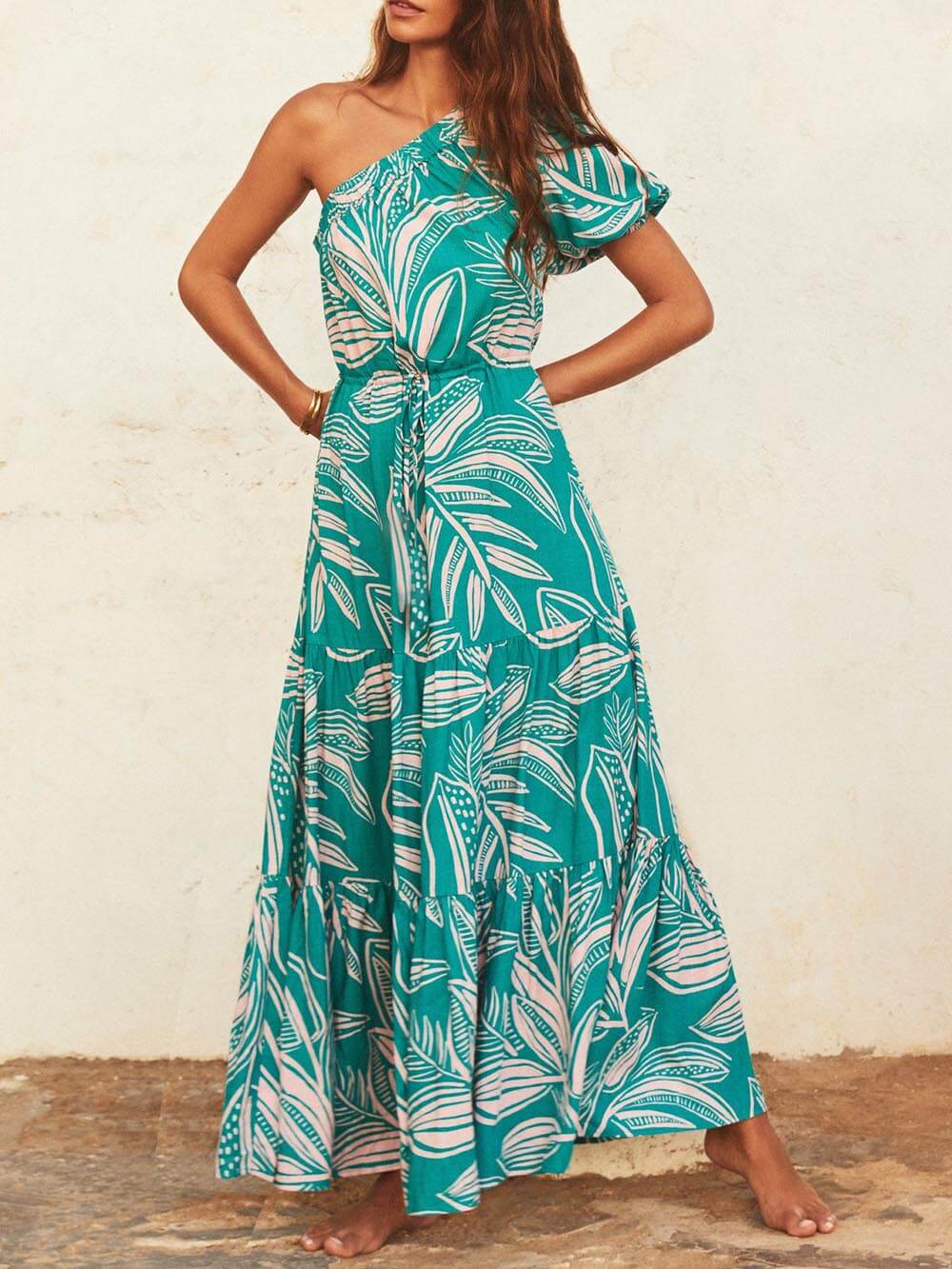 Athena | Off-Shoulder Palm Leaf Print Holiday Style Floral Dress