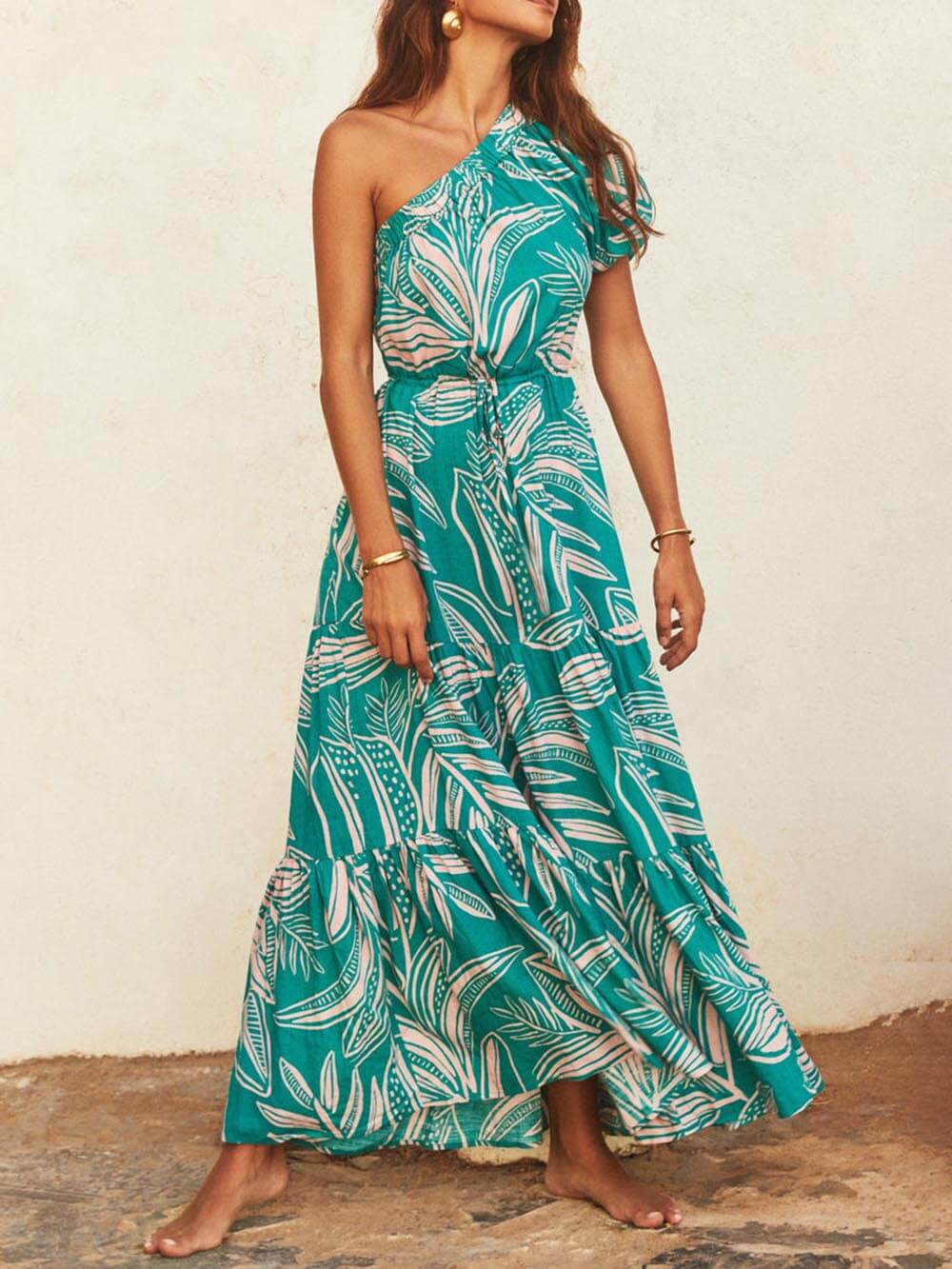 Athena | Off-Shoulder Palm Leaf Print Holiday Style Floral Dress