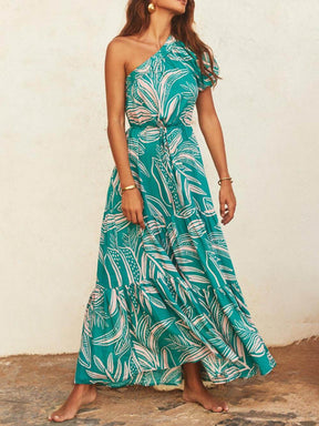 Athena | Off-Shoulder Palm Leaf Print Holiday Style Floral Dress