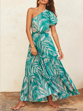 Athena | Off-Shoulder Palm Leaf Print Holiday Style Floral Dress