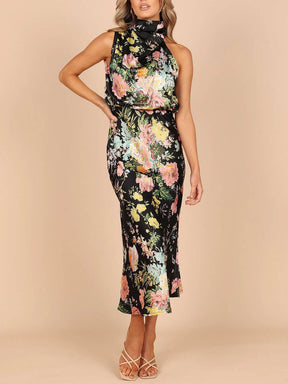 Natalia | Halter Neck Floral Elastic Waist Maxi Dress