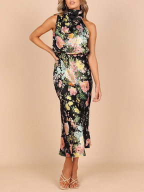 Natalia | Halter Neck Floral Elastic Waist Maxi Dress