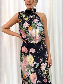 Natalia | Halter Neck Floral Elastic Waist Maxi Dress