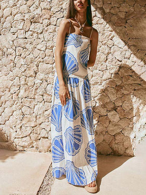 Gracelynn | Holiday Casual Ocean Shell Print Sling Maxi Dress