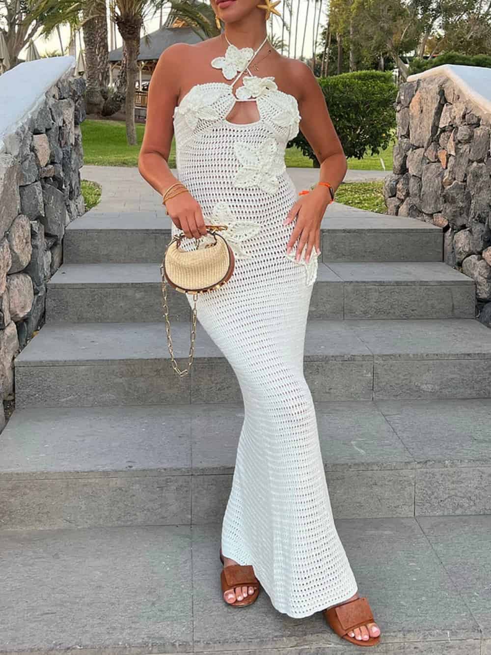 Vanessa | 3D Flower Decor Halter Neck Bodycon Crochet Maxi Dress