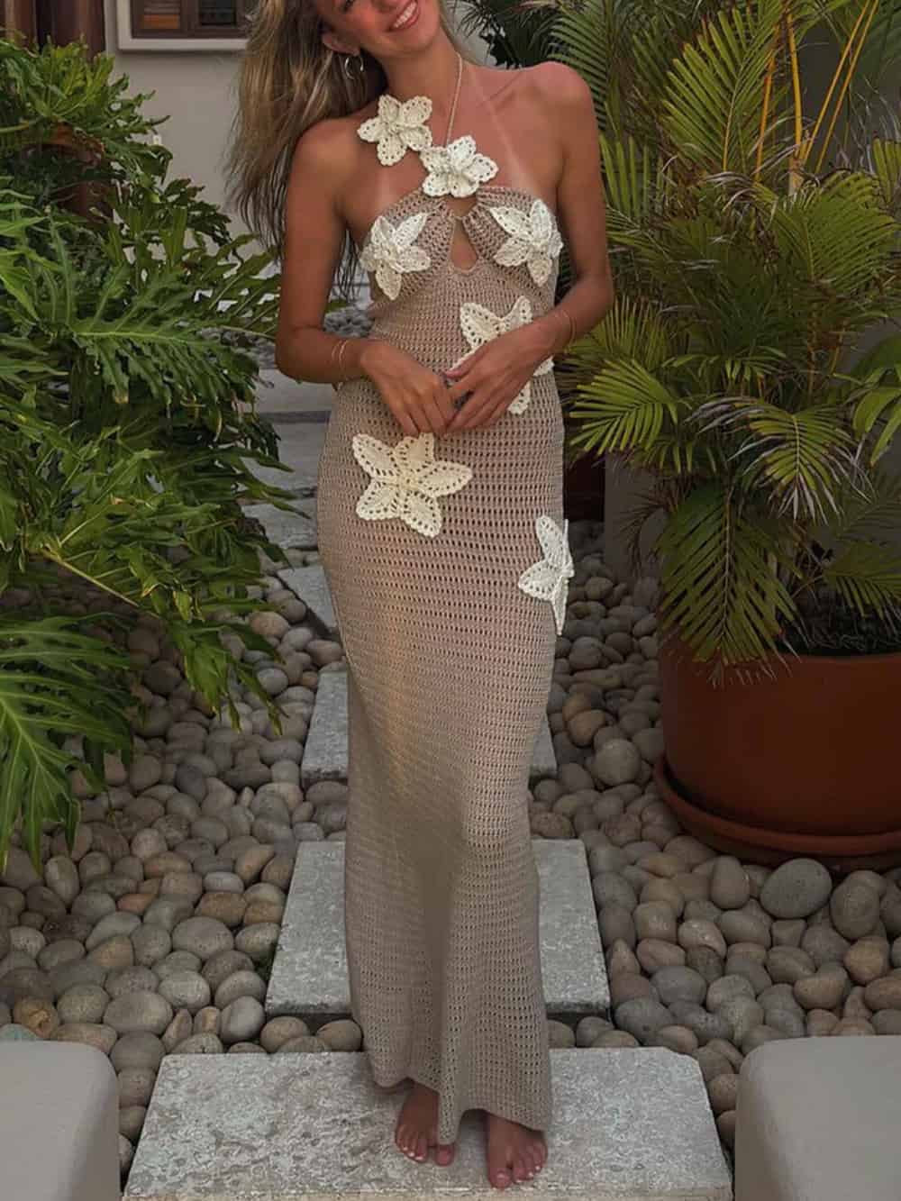 Vanessa | 3D Flower Decor Halter Neck Bodycon Crochet Maxi Dress