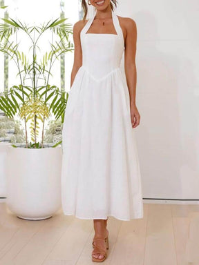 Lucille | Waist Little Black Halter Neck Mid Length Dress
