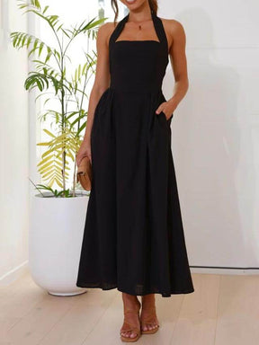 Lucille | Waist Little Black Halter Neck Mid Length Dress
